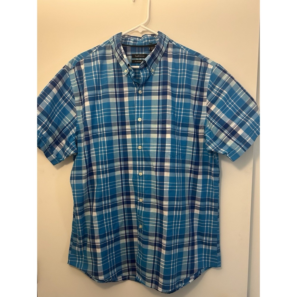 Van Heusen Blue Plaid Classic Fit S/S Shirt Button Down Mens XL 17-17 1/2